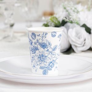 50-Pack Paper Cups 9oz White with Blue French Toile Print - Chic Disposable Floral Party Cups for Hot & Cold Beverages